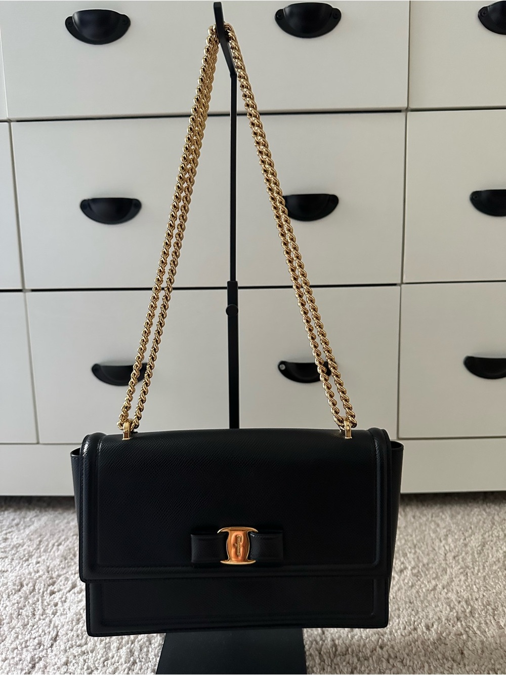 Black Salvatore Ferragamo Leather Shoulder Bag with Gold Chain